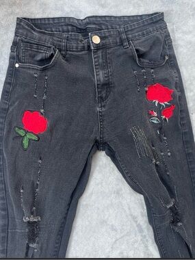 Men's Slim Black Jeans with Red Rose Embroidery